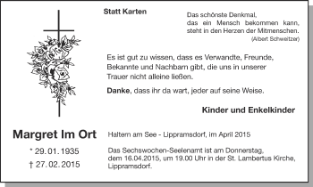 Traueranzeige von Margret Im Ort von Ruhr Nachrichten und Halterner Zeitung