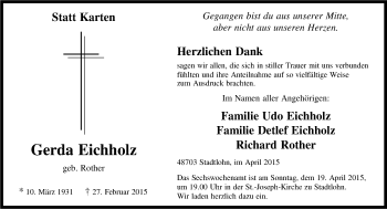 Traueranzeige von Gerda Eichholz von Münstersche Zeitung und Münsterland Zeitung