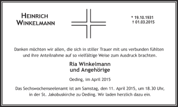 Traueranzeige von Heinrich Winkelmann von Münstersche Zeitung und Münsterland Zeitung
