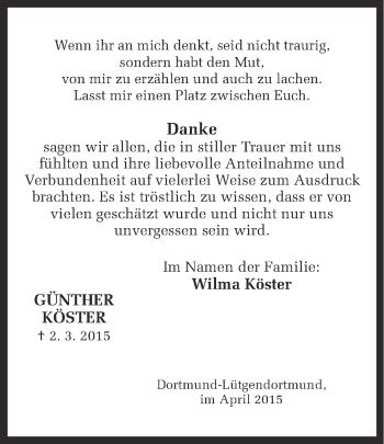 Traueranzeige von Günther Köster von Ruhr Nachrichten