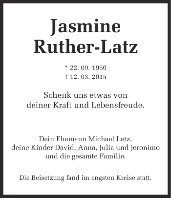 Traueranzeige von Jasmine Ruther-Latz von Ruhr Nachrichten