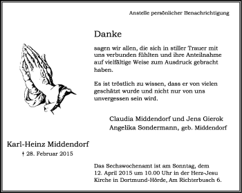 Traueranzeige von Karl-Heinz Middendorf von Ruhr Nachrichten