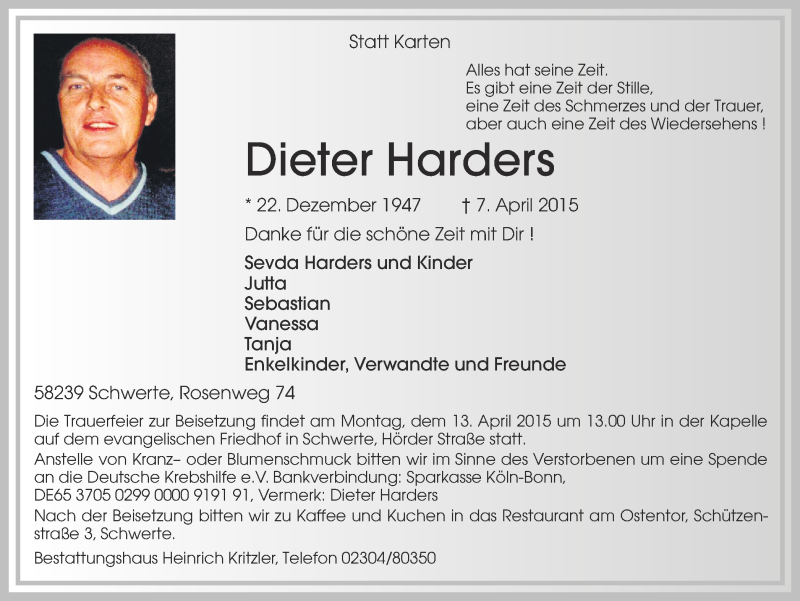  Traueranzeige für Dieter Harders vom 11.04.2015 aus Ruhr Nachrichten