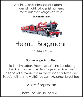 Traueranzeige von Helmut Borgmann von Ruhr Nachrichten