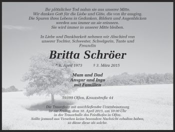 Traueranzeige von Britta Schröer von Ruhr Nachrichten