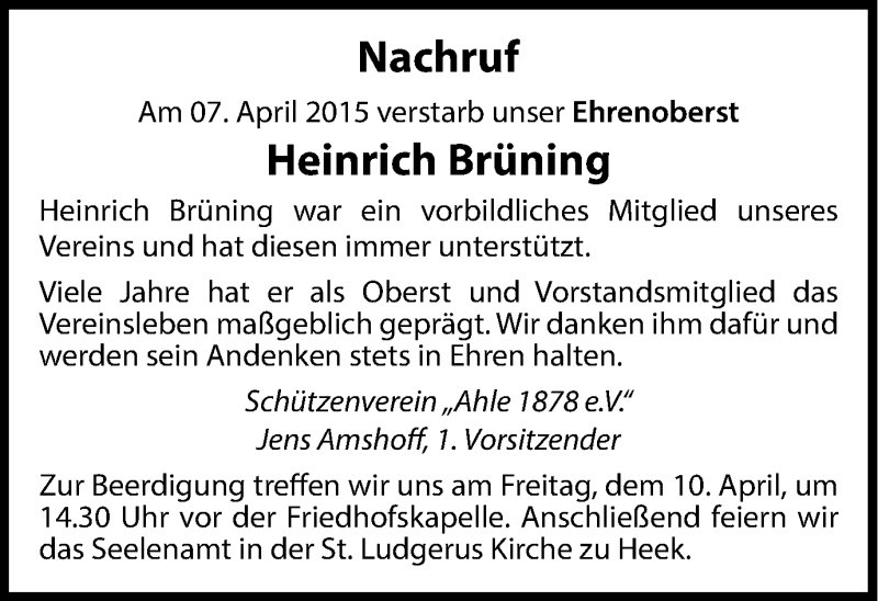  Traueranzeige für Heinrich Brüning vom 10.04.2015 aus Münstersche Zeitung und Münsterland Zeitung