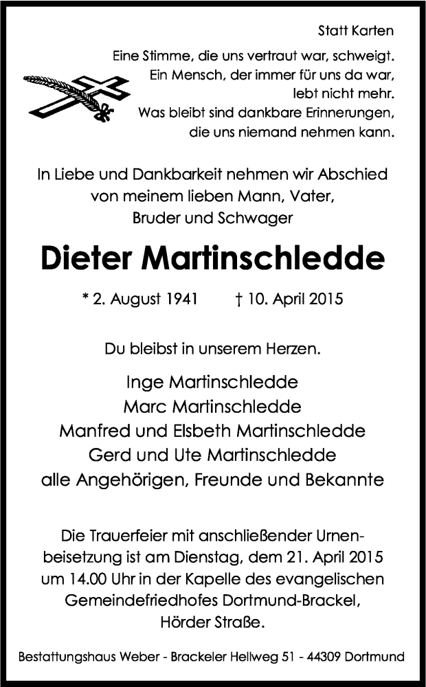  Traueranzeige für Dieter Martinschledde vom 18.04.2015 aus Ruhr Nachrichten