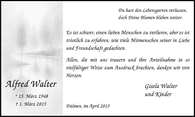  Traueranzeige für Alfred Walter vom 21.04.2015 aus Ruhr Nachrichten und Halterner Zeitung