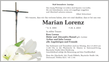 Traueranzeige von Marian Lorenz von Ruhr Nachrichten