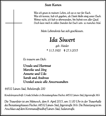 Traueranzeige von Ida Siwert von Ruhr Nachrichten