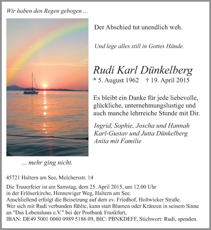  Traueranzeige für Rudi Karl Dünkelberg vom 22.04.2015 aus Ruhr Nachrichten und Halterner Zeitung