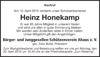 Traueranzeige von Heinz Honekamp von Münstersche Zeitung und Münsterland Zeitung