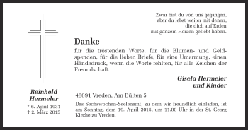 Traueranzeige von Reinhold Hermeler von Münstersche Zeitung und Münsterland Zeitung