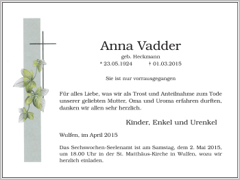 Traueranzeige von Anna Vadder von Ruhr Nachrichten und Dorstener Zeitung