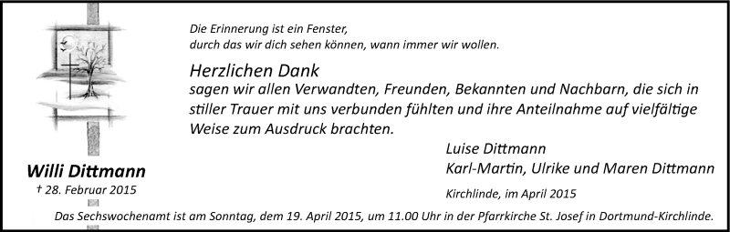  Traueranzeige für Willi Dittmann vom 04.04.2015 aus Ruhr Nachrichten