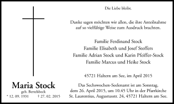 Traueranzeige von Maria Stock von Ruhr Nachrichten und Halterner Zeitung