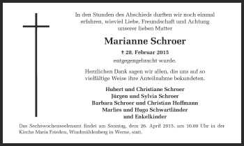 Traueranzeige von Marianne Schroer von Ruhr Nachrichten
