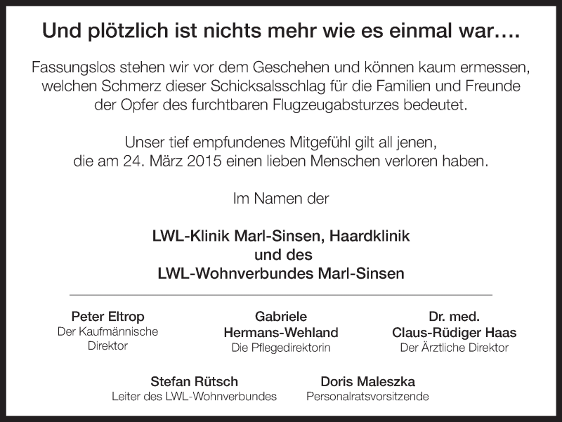 Traueranzeige für Opfer des  Flugzeugabsturzes vom 24.03.2015 vom 01.04.2015 aus Ruhr Nachrichten und Halterner Zeitung