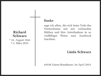 Traueranzeige von Richard Schwarz von Ruhr Nachrichten