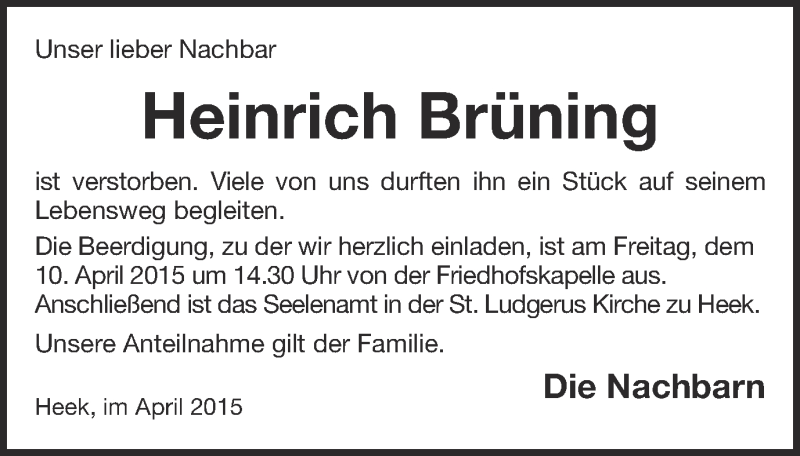  Traueranzeige für Heinrich Brüning vom 09.04.2015 aus Münstersche Zeitung und Münsterland Zeitung