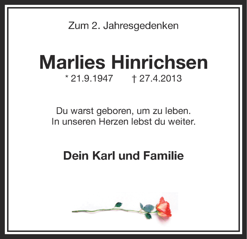  Traueranzeige für Marlies Hinrichsen vom 27.04.2015 aus Ruhr Nachrichten