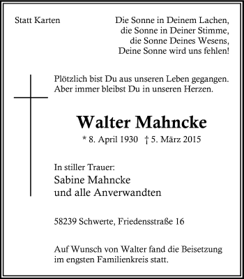 Traueranzeige von Walter Mahncke von Ruhr Nachrichten