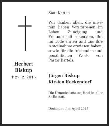 Traueranzeige von Herbert Biskup von Ruhr Nachrichten