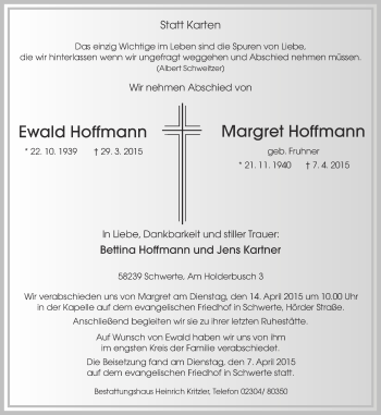 Traueranzeige von Ewald und Margret Hoffmann von Ruhr Nachrichten