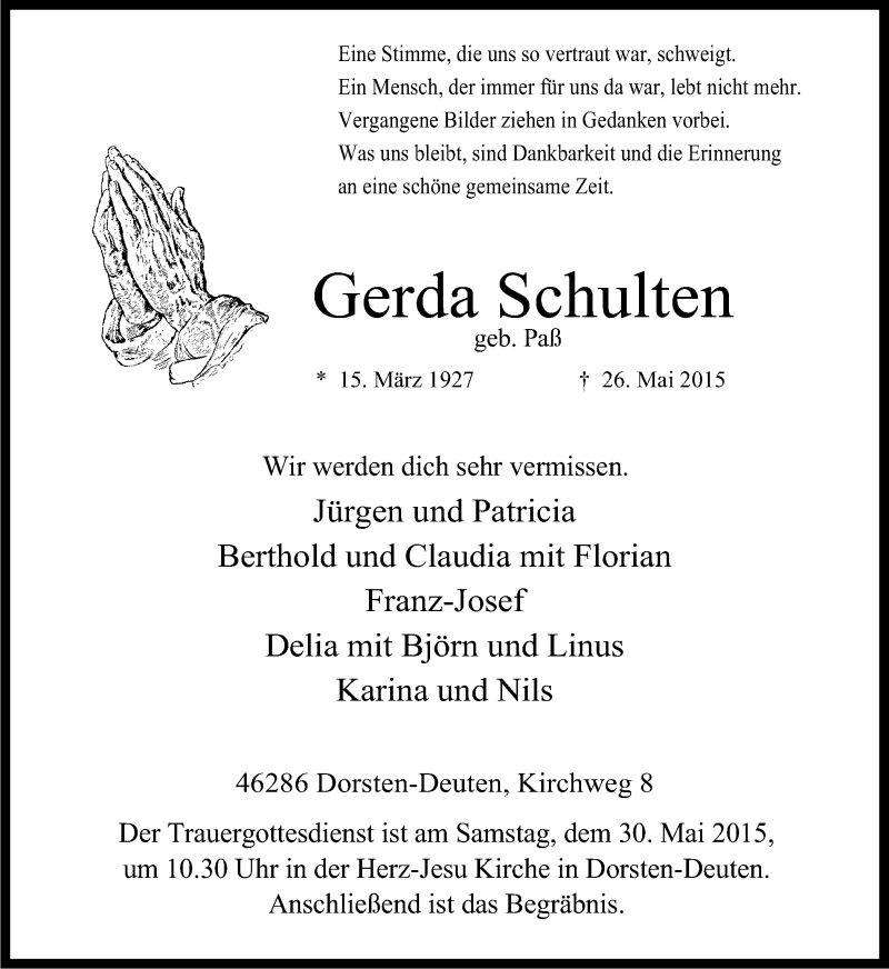  Traueranzeige für Gerda Schulten vom 28.05.2015 aus Ruhr Nachrichten und Dorstener Zeitung