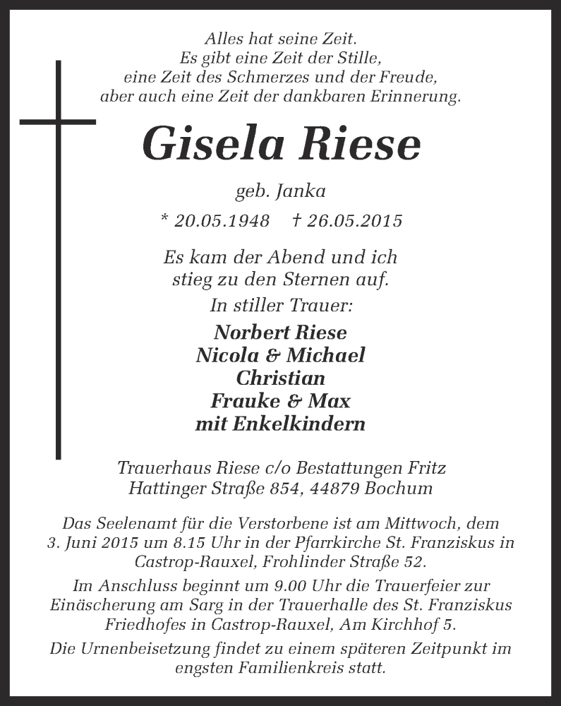  Traueranzeige für Gisela Riese vom 29.05.2015 aus Ruhr Nachrichten