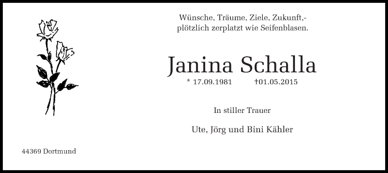  Traueranzeige für Janina Schalla vom 06.05.2015 aus Ruhr Nachrichten