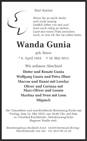 Traueranzeige von Wanda Gunia von Ruhr Nachrichten