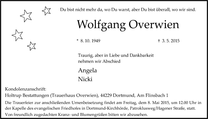  Traueranzeige für Wolfgang Overwien vom 06.05.2015 aus Ruhr Nachrichten