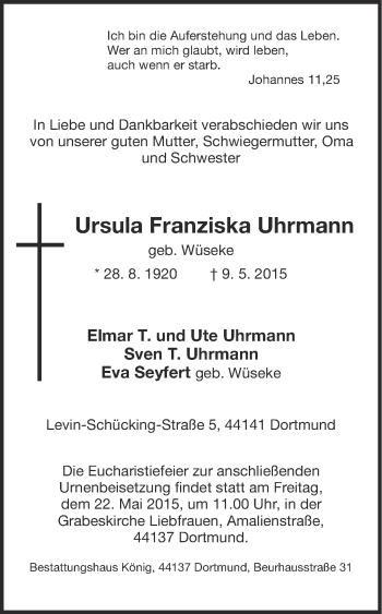 Traueranzeige von Ursula Franziska Uhrmann von Ruhr Nachrichten