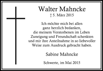 Traueranzeige von Walter Mahncke von Ruhr Nachrichten