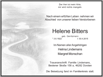 Traueranzeige von Helene Bitters von Ruhr Nachrichten und Dorstener Zeitung