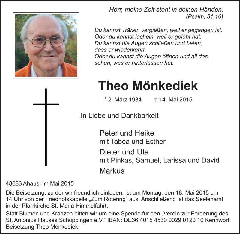  Traueranzeige für Theo Mönkediek vom 16.05.2015 aus Münstersche Zeitung und Münsterland Zeitung