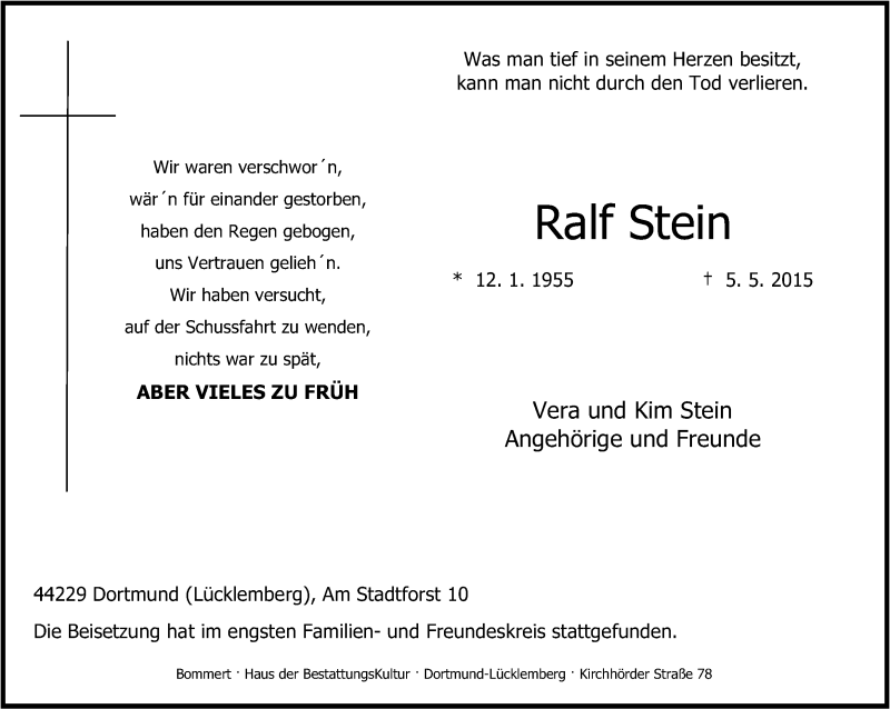  Traueranzeige für Ralf Stein vom 13.05.2015 aus Ruhr Nachrichten