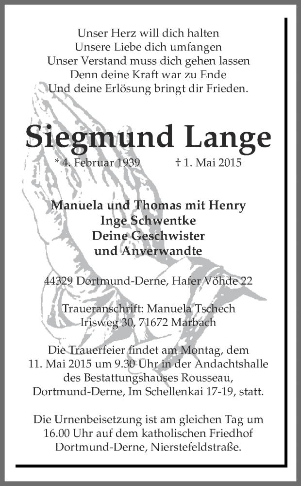  Traueranzeige für Siegmund Lange vom 06.05.2015 aus Ruhr Nachrichten