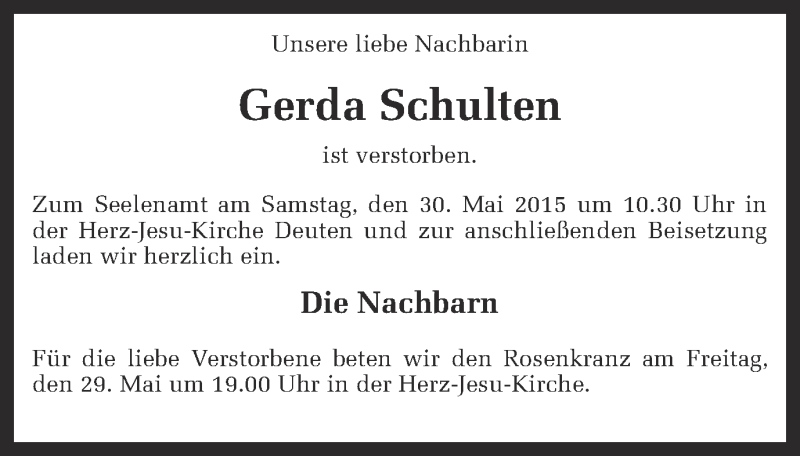  Traueranzeige für Gerda Schulten vom 29.05.2015 aus Ruhr Nachrichten und Dorstener Zeitung
