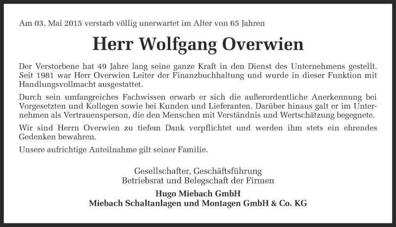 Traueranzeige für Wolfgang Overwien vom 07.05.2015 aus Ruhr Nachrichten