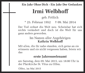 Traueranzeige von Irmi Welbhoff von Ruhr Nachrichten