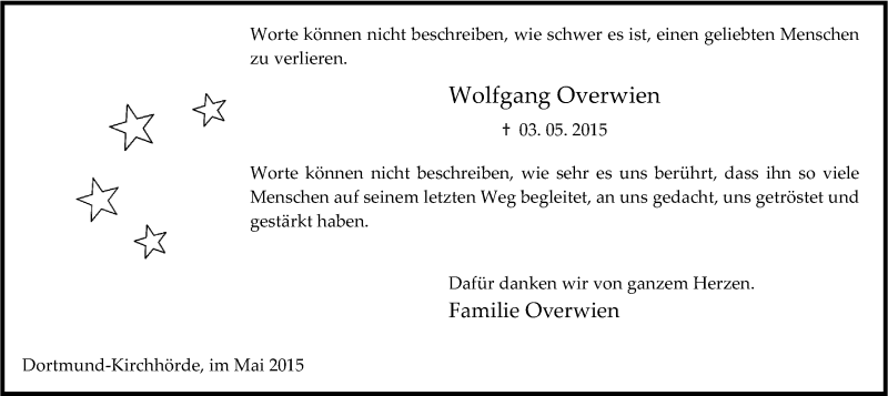  Traueranzeige für Wolfgang Overwien vom 30.05.2015 aus Ruhr Nachrichten