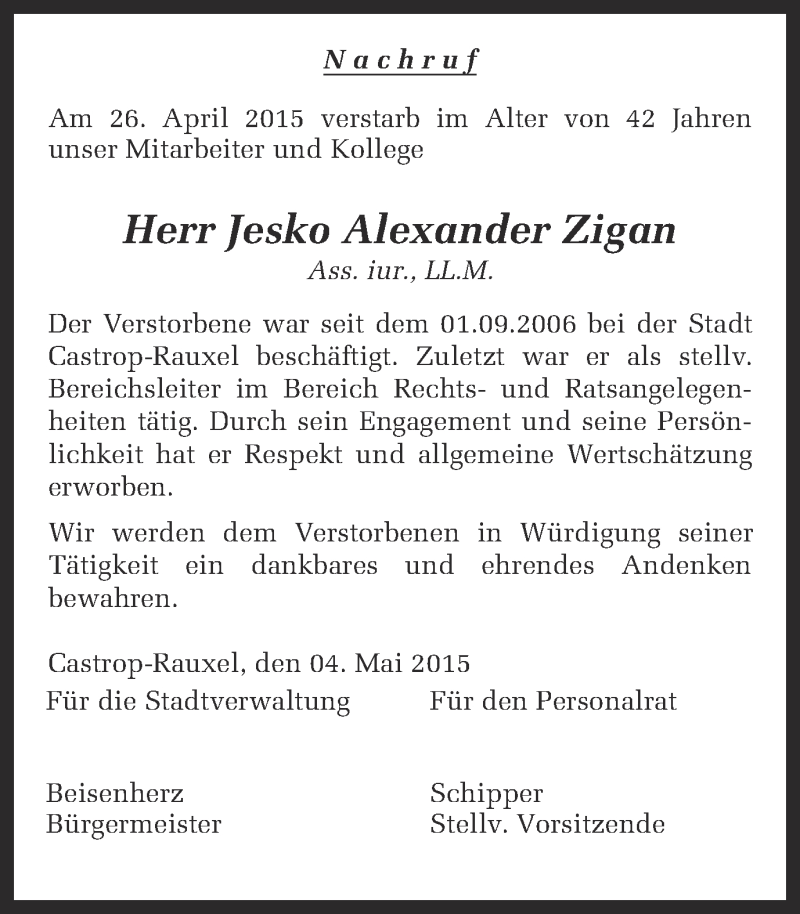  Traueranzeige für Jesko Alexander Zigan vom 05.05.2015 aus Ruhr Nachrichten