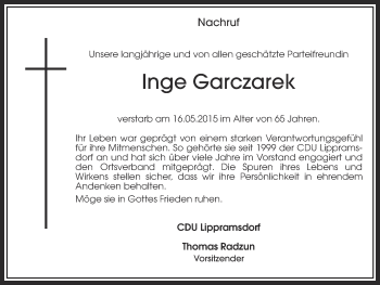 Traueranzeige von Inge Garczarek von Ruhr Nachrichten und Halterner Zeitung