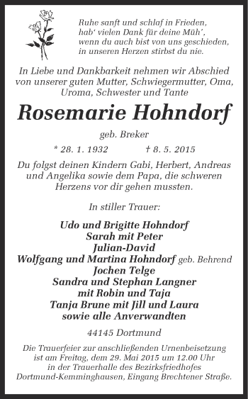 Traueranzeige von Rosemarie Hohndorf von Ruhr Nachrichten