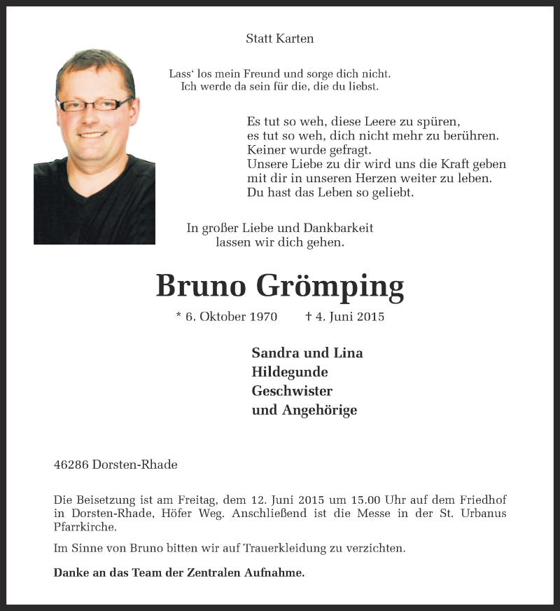 Traueranzeige für Bruno Grömping vom 09.06.2015 aus Ruhr Nachrichten und Dorstener Zeitung