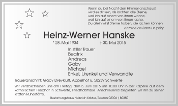 Traueranzeige von Heinz-Werner Hanske von Ruhr Nachrichten