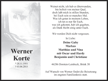 Traueranzeige von Werner Korte von Ruhr Nachrichten und Dorstener Zeitung