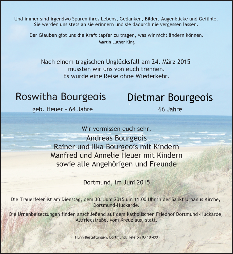  Traueranzeige für Roswitha und Dietmar Bourgeois vom 20.06.2015 aus Ruhr Nachrichten